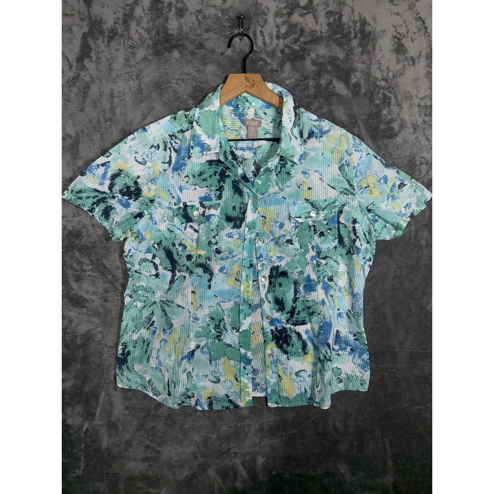 Chicos Women Short Sleeve Button Up Shirt Size 3 L XL Multicolor Abstract Cotton